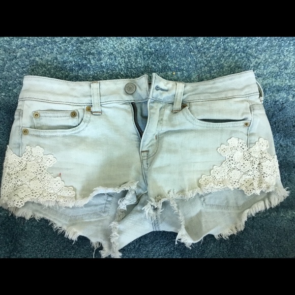 Lace side light denim high rise shorties. - Picture 1 of 4